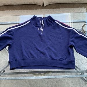 Beautiful navy blue crew neck with embroidered stripes on arms